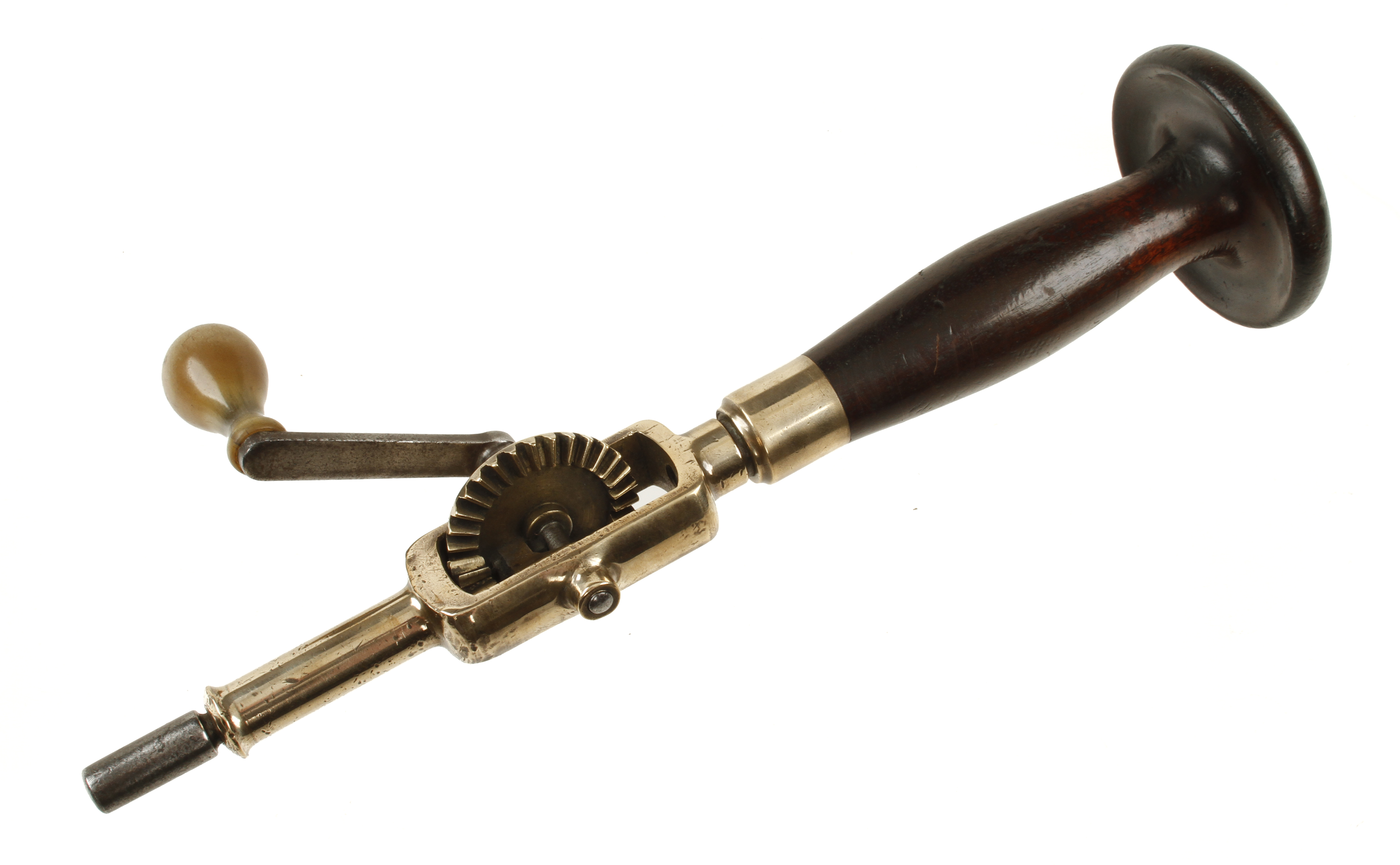 A fine quality European gunmetal bevel gear drill with horn handle and mahogany head 13" o/a G+