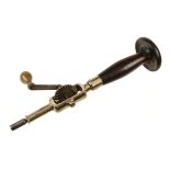 A fine quality European gunmetal bevel gear drill with horn handle and mahogany head 13" o/a G+