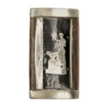A 19c French rosewood snuff box with German silver fittings and the image of a blacksmith working