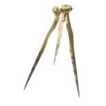 An 18c French tripodal brass compass with 5" steel tipped legs,