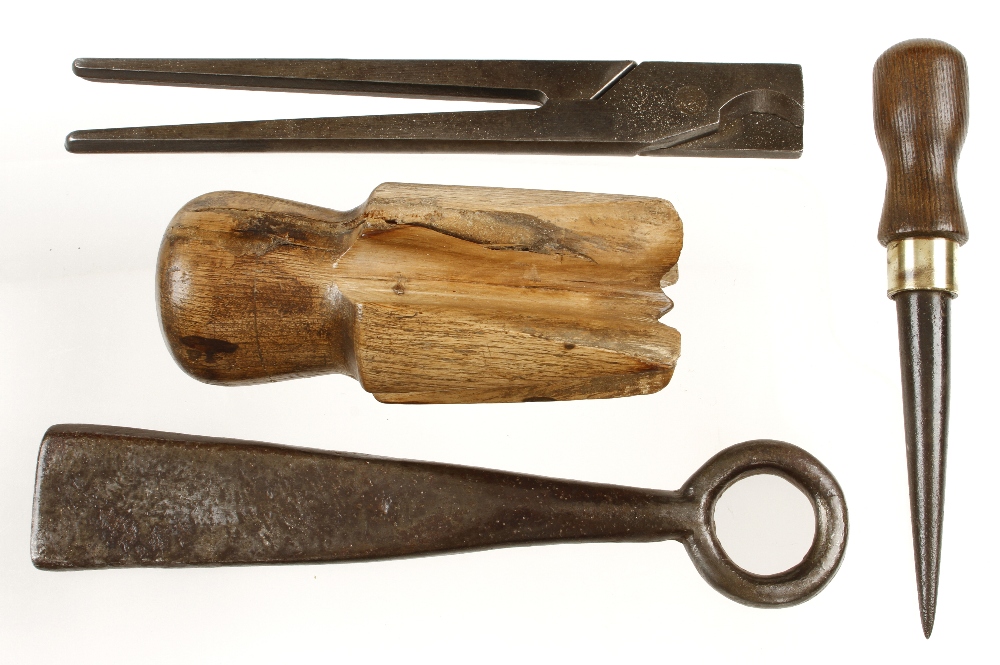 Four basket maker's tools; beating maul, withy shears,