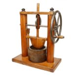 A most unusual 19c mechanical vegetable chopper with beech frame and turned oak bowl,