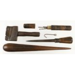 Five sailmaker's tools; serving mallet, pricker, needle case with 6 needles,