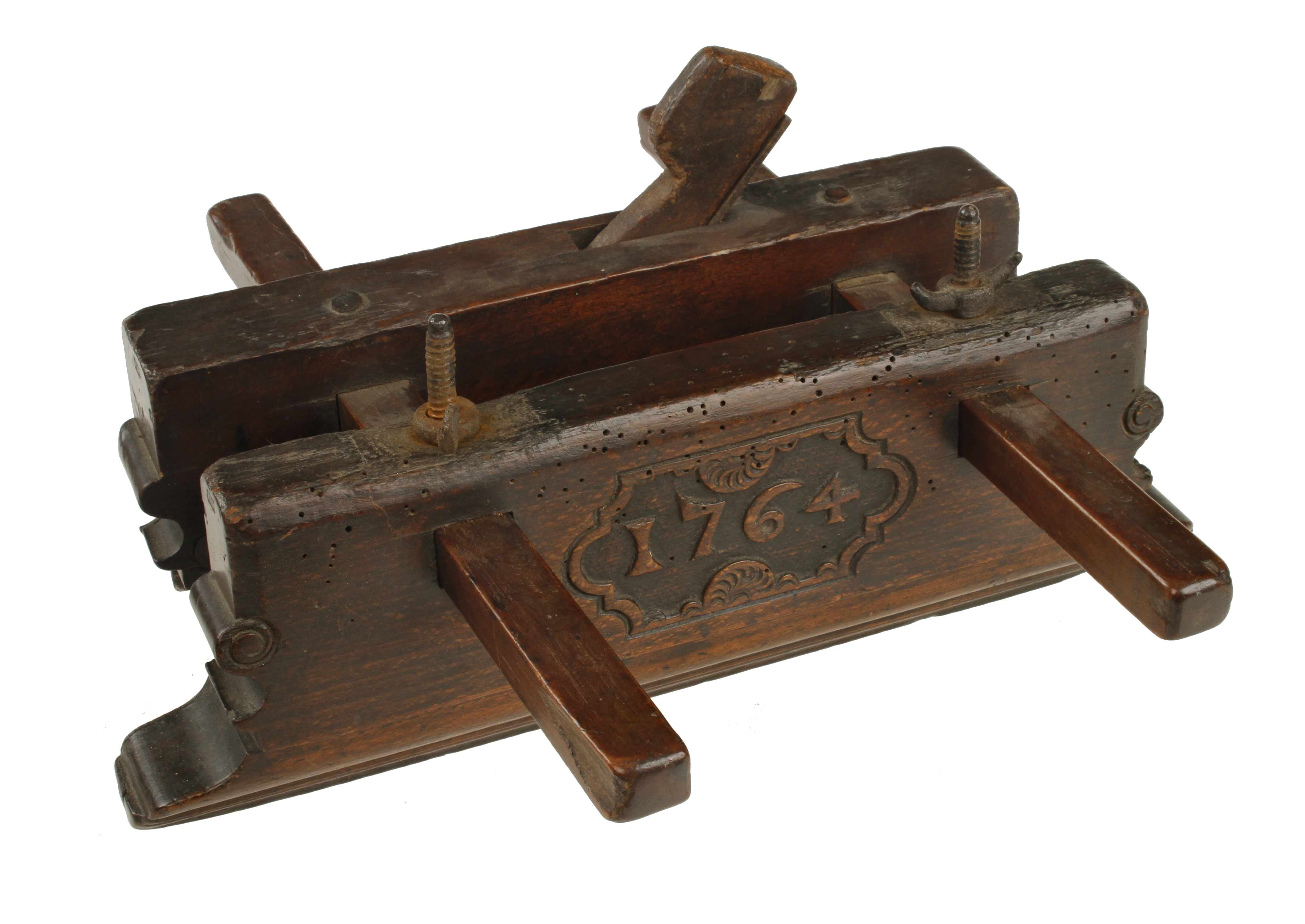 An 18c dated Dutch ploeg plough plane with makers mark of Frans Moret and dated 1764,