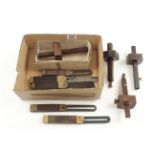 An unused mortice gauge in orig box and three gauges and five sliding bevels G++