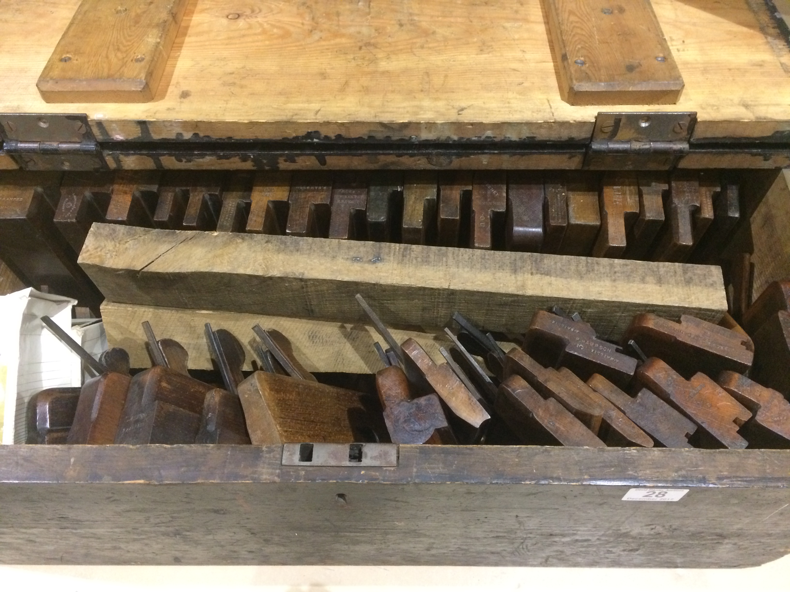 A pine chest of 37 moulding planes