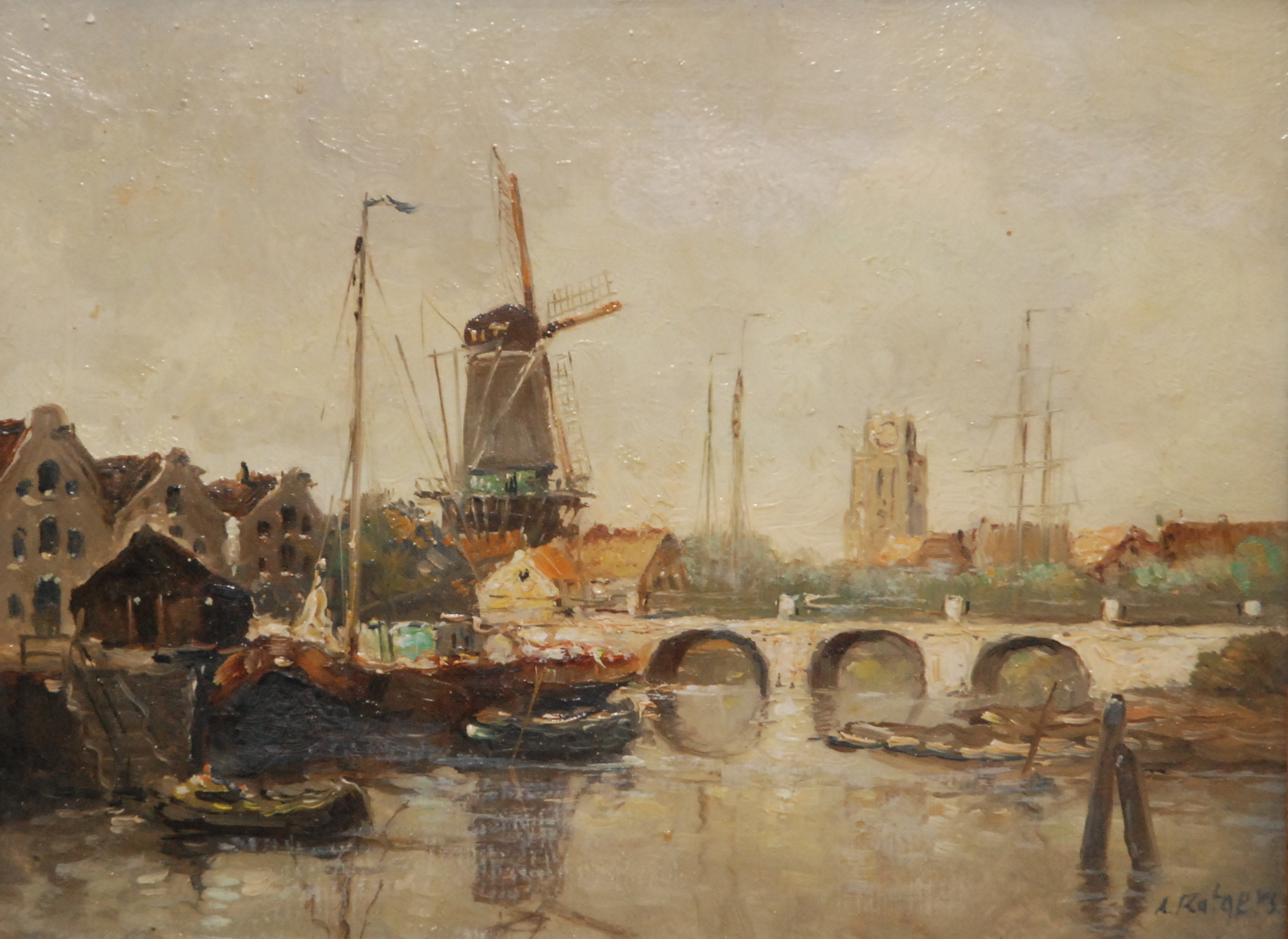 ANTON RUTGERS Dordrecht and the Grote Kerk Oil on canvas Signed 17.5 x 22.