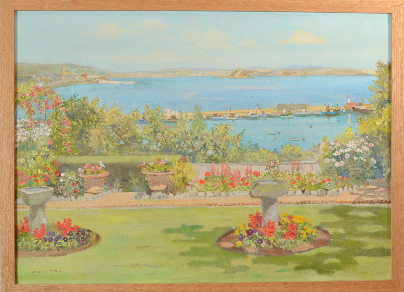 DORCIE SYKES Mounts Bay from a Newlyn Summer Garden Oil on canvas board Signed Dated 1966 40 x 55cm - Image 2 of 2