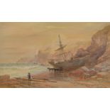 SYDNEY E HART Schooner driven ashore Watercolour Signed 28 x 46cm