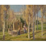 FREDA MARSTON Italian fountain Oil on canvas Signed Inscribed to the back 38 x 48.