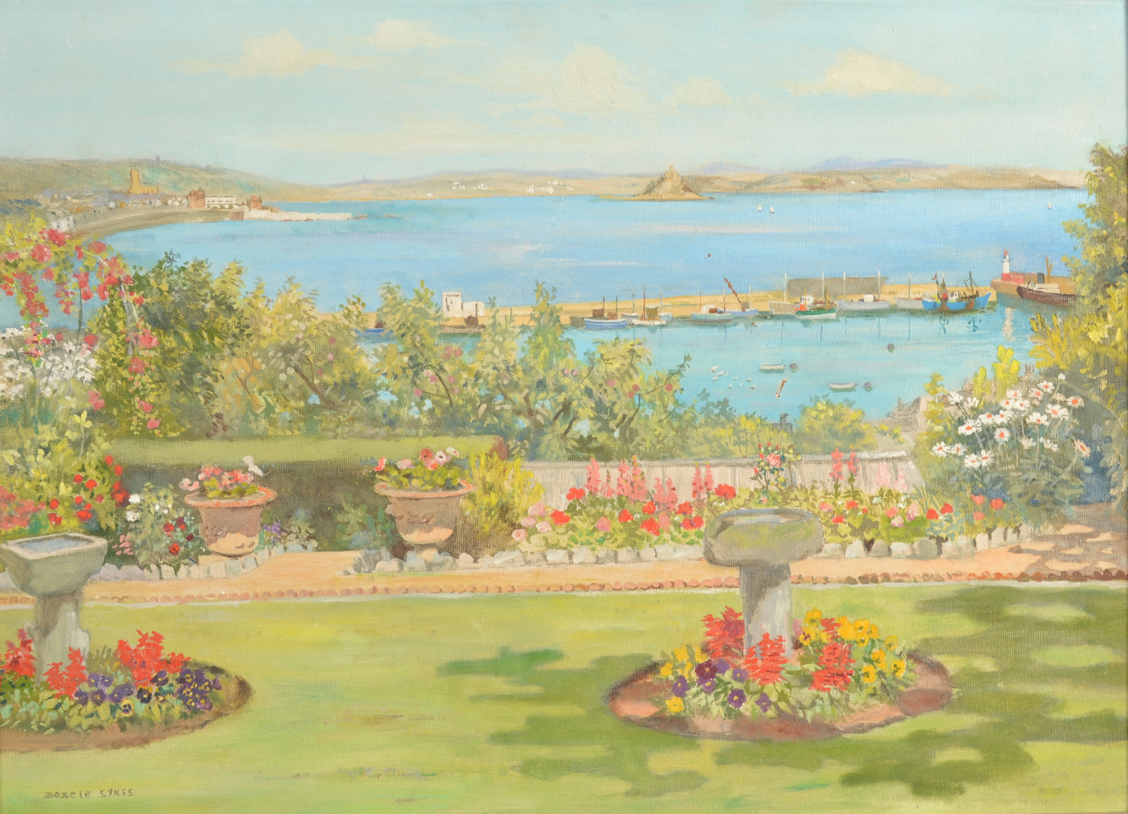 DORCIE SYKES Mounts Bay from a Newlyn Summer Garden Oil on canvas board Signed Dated 1966 40 x 55cm