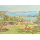 DORCIE SYKES Mounts Bay from a Newlyn Summer Garden Oil on canvas board Signed Dated 1966 40 x 55cm