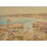 DOUGLAS PINDER Newquay Harbour Watercolour Signed and inscribed 26 x 36cm