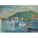JACK PENDER Estuary With Boats Oil on board Signed Further signed,