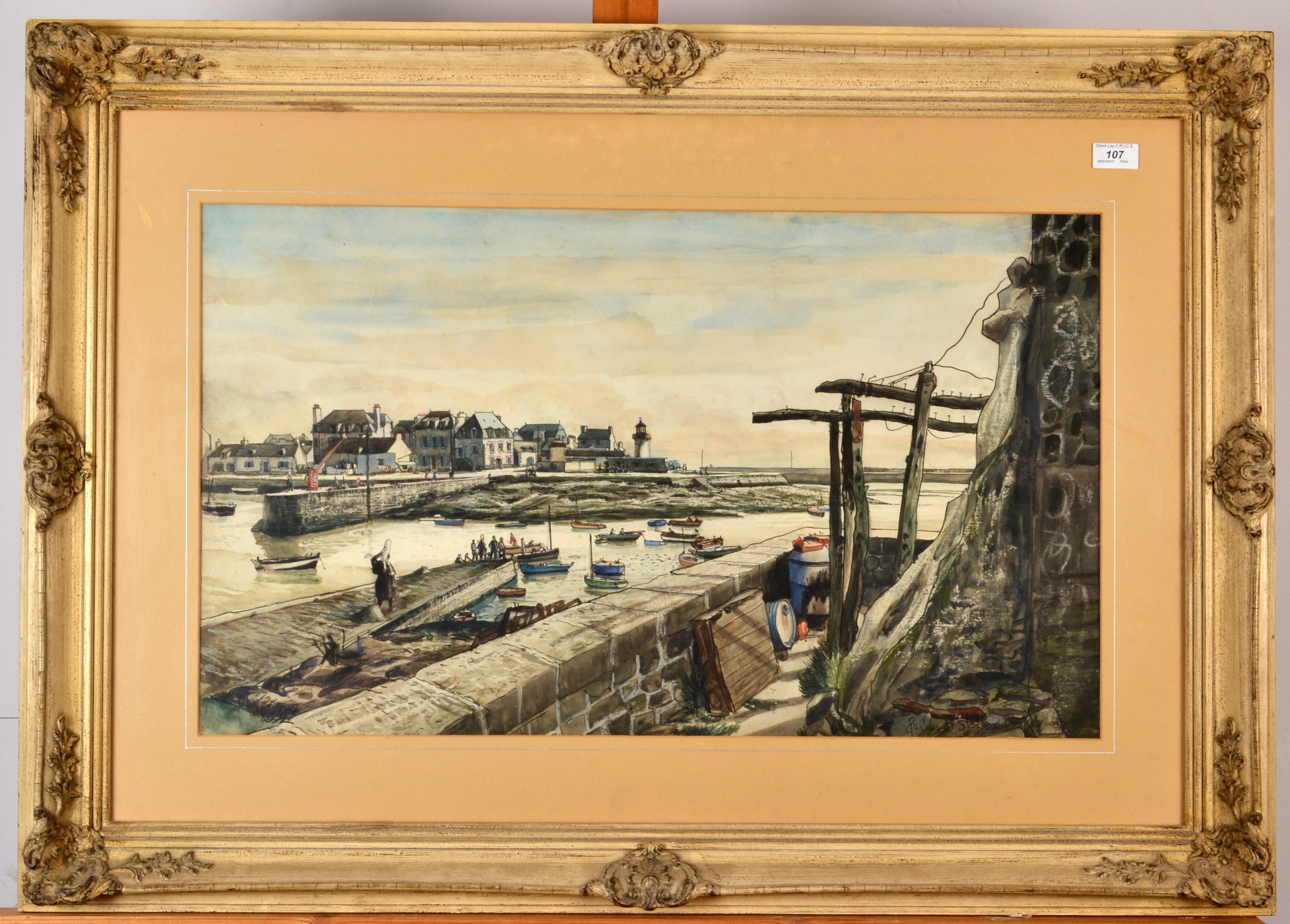 JULIUS STAFFORD-BAKER Guilvinec Watercolour Signed and dated '59 Artist's label on the back 46 x - Image 3 of 4