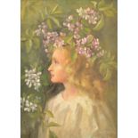 MABEL TREGASKIS SARA Girl Amongst the Apple Blossom Oil on canvas Signed and dated '97 56 x 41cm