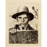 LEON UNDERWOOD Self portrait in a landscape Etching Signed to the plate 17 x 12.