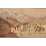 Funchal A watercolour street scene looking up to a fortress Inscribed and dated 1873 15 x 24cm