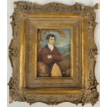 A sentimental portrait of a young gentleman in a landscape, long inscription to the back, 11 x 7.