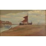 NORMAN HIRST Barge Aground Oil on panel Studio sale label to the back 19 x 33cm