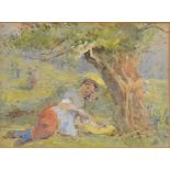 JOHN WALTON? Girl Resting Beneath a Tree Farmer Sleeping Two watercolours One signed