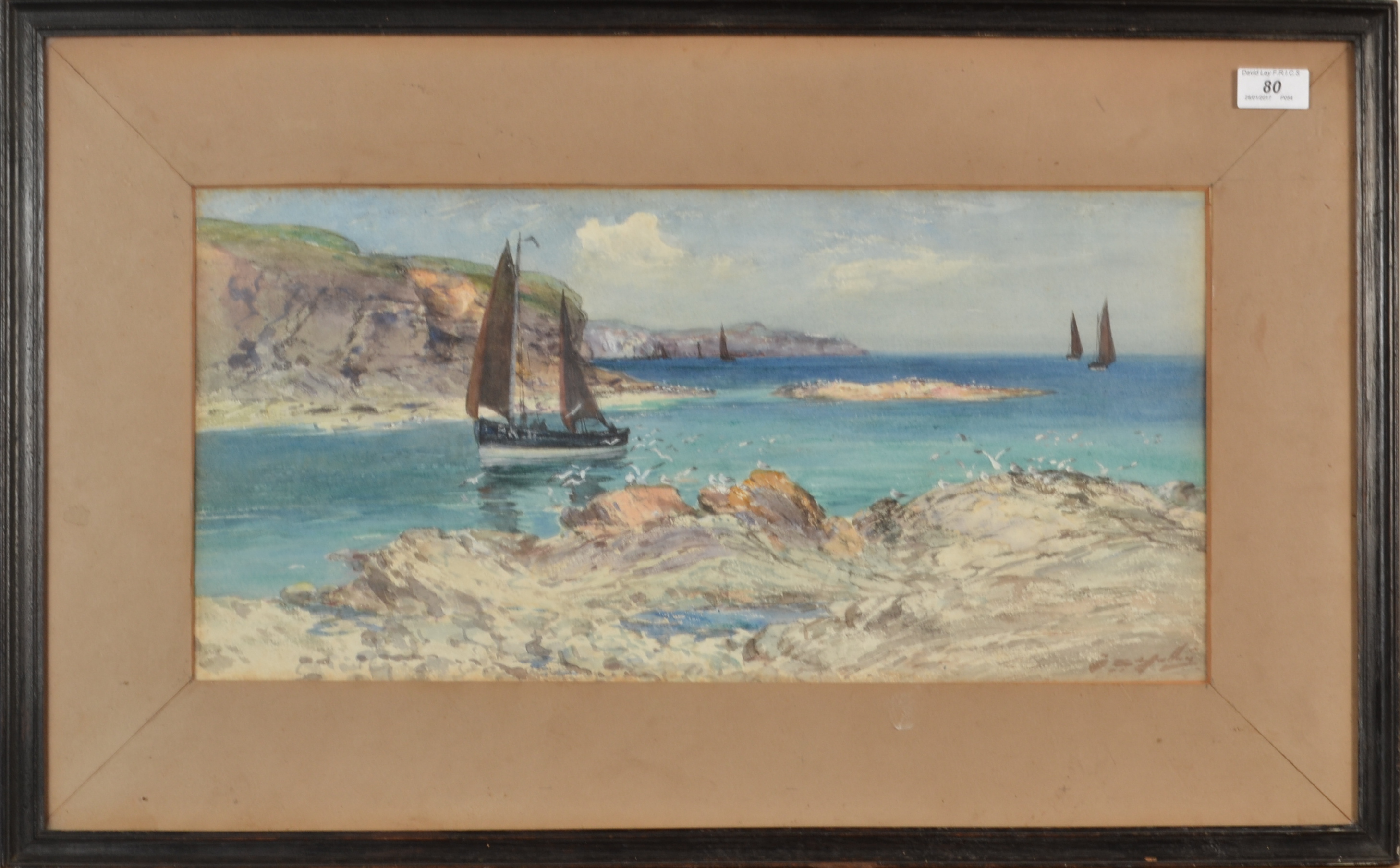 THOMAS SWIFT HUTTON Fishing Boats near Berwickshire Watercolour Signed 26 x 54cm - Image 2 of 2