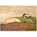 ERIC SLATER The Coastguard Station Coloured woodcut Signed and inscribed Paper size 27 x 37cm