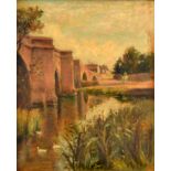 E LEIGH The bridge Oil on canvas Signed An indistinct label to the back gives an address 'Heaton