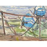 CHARLES BREAKER Bobbing Blue Boats Watercolour Signed 18 x 24cm