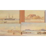 Greek Naval Ironclad warship at anchor Watercolour Together with three other topographical