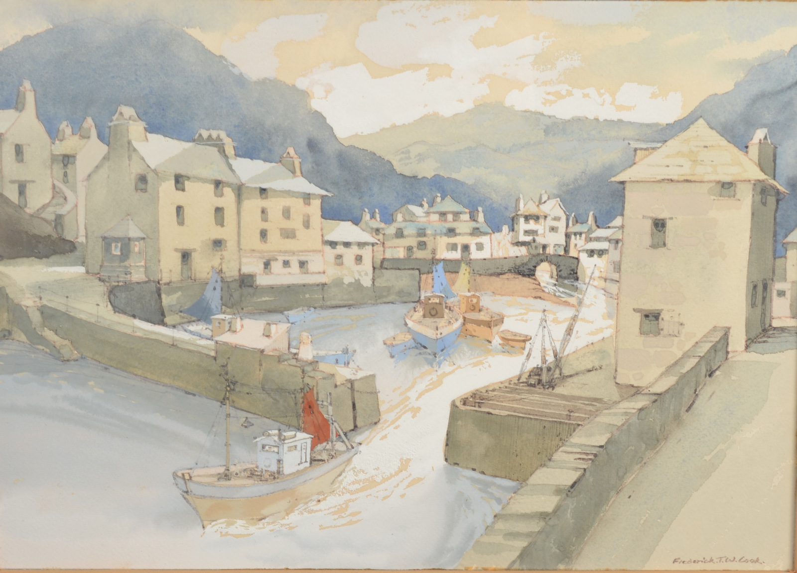 FREDERICK T W COOK Polperro Harbour Watercolour heightened with body colour Signed 24 x 34cm