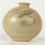 Katherine Pleydell-Bouverie, a beige glazed studio pottery vase of squat form,