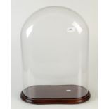 A large glass dome with reproduction wooden stand, height 52cm, width 37cm.