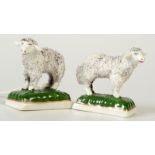 A pair of early 19th century English porcelain figures of sheep with gold anchor mark to base,