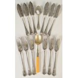 A Walker & Hall leaf engraved, set of six fish knives and forks and two conserve spoons.