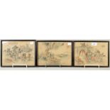 Three Japanese paintings on silk, each with calligraphy and a red seal mark, each 18.5 x 25cm.