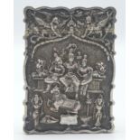 A heavy Indian silver card case, one side with a group of sacred deities,