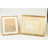 Two pencil drawings, one an early 19th century Flemish market scene,