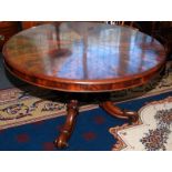 A Victorian mahogany tripod circular pedestal table, the folding top with figure segmented veneers,