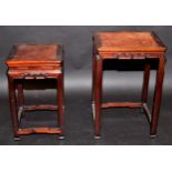 A good Chinese huali wood and burr walnut nest of tables, each with a carved frieze and square