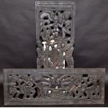 A pair of African carved wood panels, each signed Joana, 43 x 115cm.