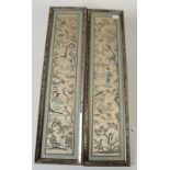 A pair of Chinese silk embroidered sleeve panels decorated with female figures, trees and pagodas,