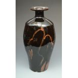 A tenmoku David Leach, tall bottle vase with flanged neck, decorated with weeping willow brushwork,