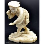 A Japanese ivory okimono, a peasant holding a knife neck high and bending, possibly seeking a prey,