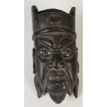 A lacquered wood mask representing Confucious. Mid 19th century. Width 14.8cm, height 31.2cm.
