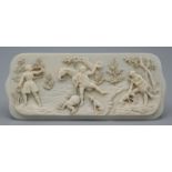 A fine Germanic ivory panel carved with a continuous hunting scene, 6 x 14.5cm.