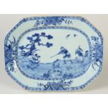 A Chinese porcelain blue and white, octagonal serving dish, decorated with a hunting scene,