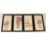 Four Japanese watercolours of ladies, two playing musical instruments, one a flower seller,