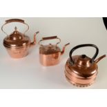 Two Victorian copper kettles and a 'Master all copper quick boiling kettle', largest height 30cm.