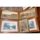 Two pairs of 19th century prints in oak frames and a floral woolwork in a gilt frame.